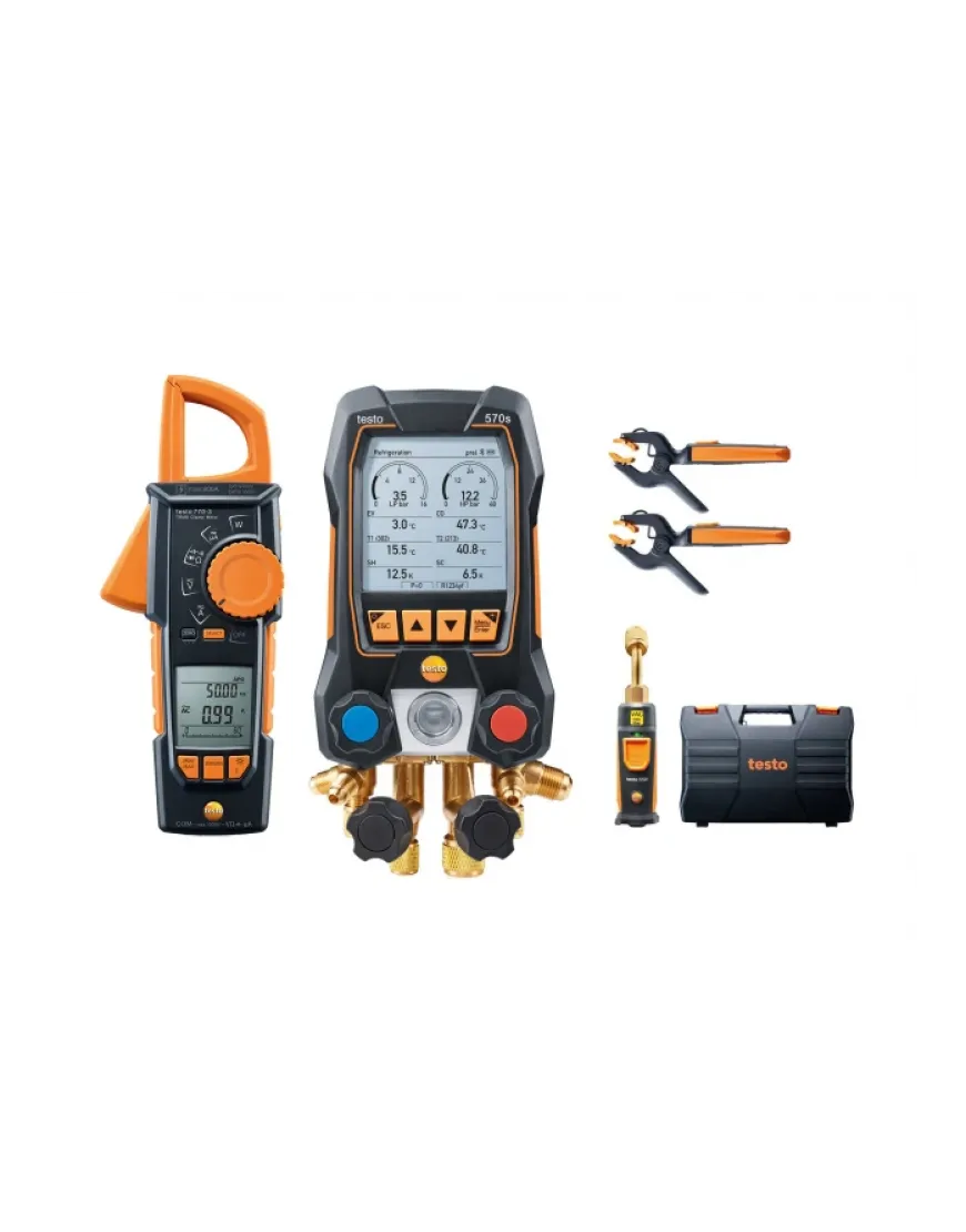 Testo 570s Set Vacuum cu clește ampermetric - Manifold digital inteligent cu sonde wireless de vacuum și de temperatură tip clește, plus clește ampermetric