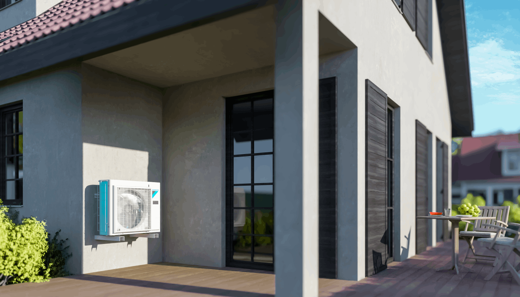 Montaj discret unitate externă Daikin Altherma ERLA16DW în curtea unei case moderne